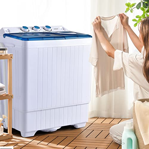 COSTWAY Portable Washing Machine, 2 in 1 Twin Tub 26Lbs Capacity Washer(18Lbs) and Spinner(8Lbs) with Control Knobs, Timer Function, Drain Pump, Compact Laundry washer for Home Apartment RV, Blue