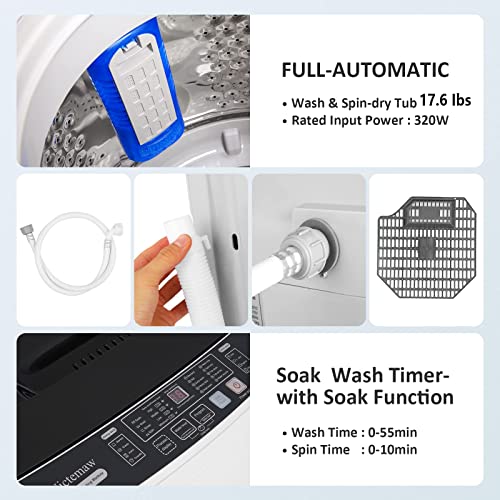 Nictemaw Portable Washing Machine 17.6Lbs Capacity Portable Washer 1.9 Cu.ft Full-Automatic Compact Laundry Washer With Drain Pump and Dryer Combo, 10 Wash Programs 8 water level selections with LED display Ideal for Home/Dorms/RV
