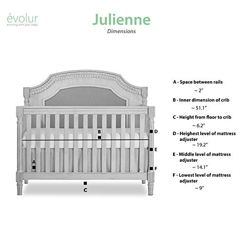 Evolur Julienne 5 in 1 Convertible Crib, Antique Grey Mist 55.5x31.2x51.5 Inch (Pack of 1)
