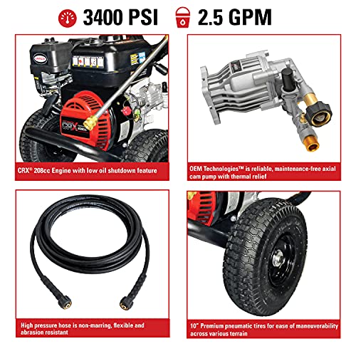 SIMPSON Cleaning CM61083 Clean Machine 3400 PSI Gas Pressure Washer, 2.5 GPM, CRX Engine, Includes Spray Gun and Wand, 4 QC Nozzle Tips, 5/16-in. x 25-ft. MorFlex Hose