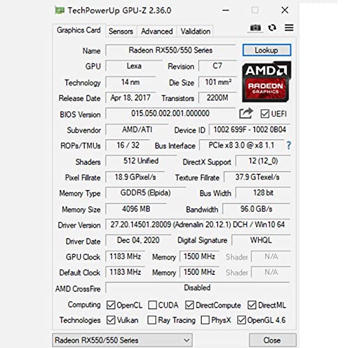 SAPLOS Radeon RX 550 Low Profile Graphics Card, 4GB, GDDR5, 128-bit, VGA DVI-D HDMI, Video Card for PC Gaming, 4K Display, Computer GPU, for Desktop SFF Small Form Factor, DirectX 12, Low Power