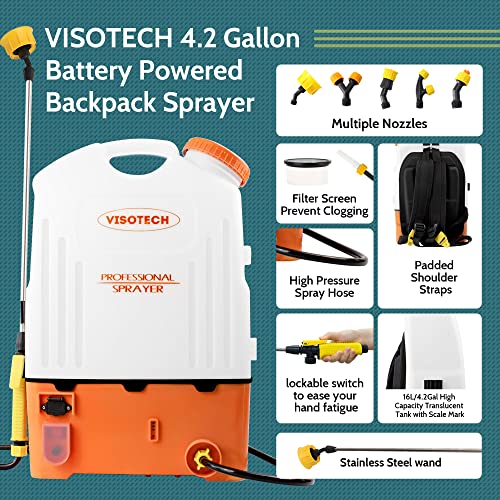 VISOTECH Battery Powered Sprayer, High Pressure Gardening Sprayer, Powerful Backpack Sprayer with Adjustable Nozzles, Electric Sprayer in Garden and Lawn (4.2 Gallon)