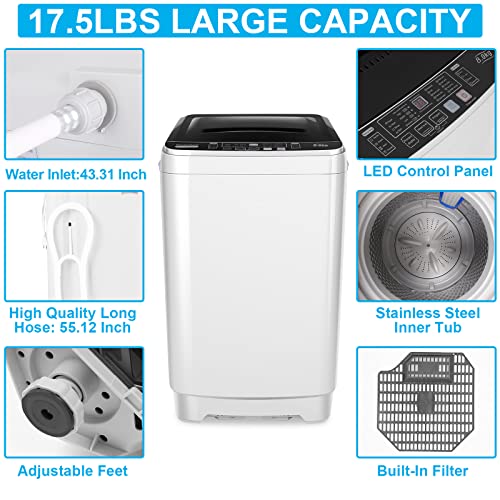 Portable Washer, 17.5Lbs Full-Automatic Washing Machine with Drain Pump, 2-in-1 Compact Laundry Washer with 10 Programs 8 Water Level Selections LED Display Top Load Cloth Washer for Home, Dorms