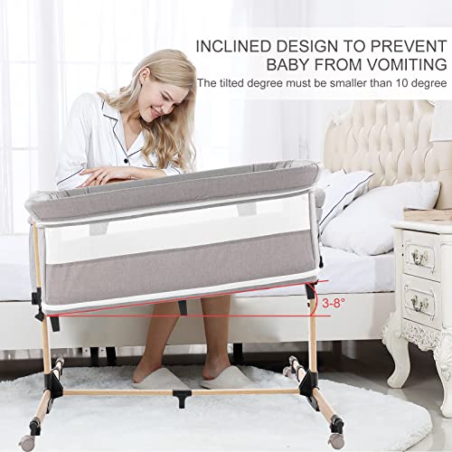 Jaoul 3 in 1 Baby Bassinets Bedside Sleeper Easy Folding Sleeper with Mattress Included, Height Adjustable Bedside Travel Crib for Newborn Infant-Baby Boy/Baby Girl