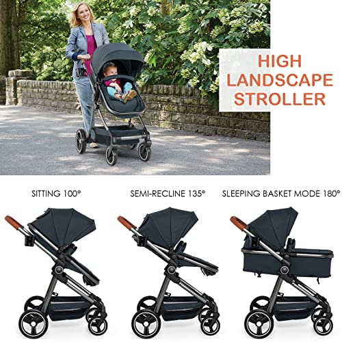 INFANS 2 in 1 High Landscape Convertible Baby Stroller, Newborn Reversible Bassinet Pram, Foldable Pushchair with Adjustable Canopy, Aluminum Structure,5-Point Harness for Infant & Toddler (Black)