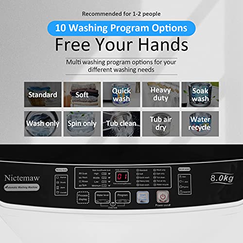 Portable Washer, 17.5Lbs Full-Automatic Washing Machine with Drain Pump, 2-in-1 Compact Laundry Washer with 10 Programs 8 Water Level Selections LED Display Top Load Cloth Washer for Home, Dorms