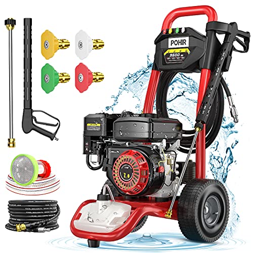 POHIR Gas Pressure Washer, 3.3 GPM Industrial Crankshaft Triplex Brass Pump with Pressure Regulating Valve, Self-Lubricating Corrosion-Resistant Ceramic Plunger, 7HP Power Washer Gas Powered 3600 PSI