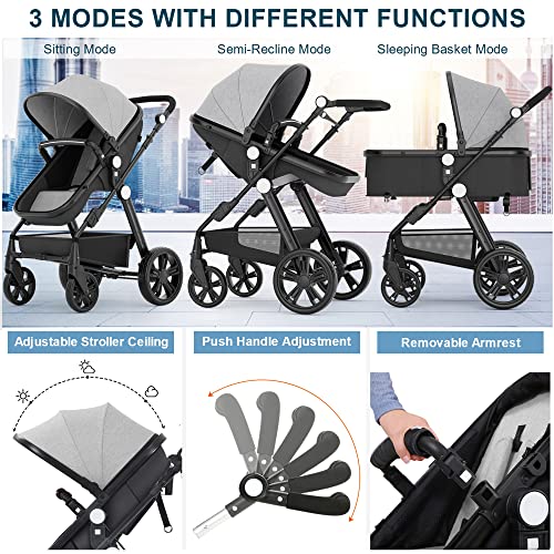 Newborn Infant Baby Bassinet Stroller - Sleeping & Sitting Mode 2 in 1 All Terrain High Landscape Shock Absorption Sunshade Comfortable Baby Toddler Strollers for 0-36 Months Old Babies