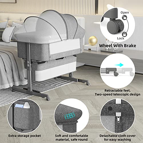 XJD Baby Bassinets Bedside Sleeper Portable Baby Crib for Toddler with Storage Basket Easy Folding Bedside Crib with Breathable Mattress Adjustable Height for Newborn Infant Baby Boy Baby Girl(Grey)