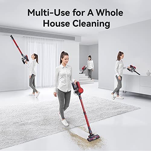 Cordless Vacuum Cleaner, EICOBOT A10 Red High Efficiency Stick Vacuum with 30min Long Runtime Detachable Battery, 4 in 1 Lightweight Quiet Vacuum Cleaner Perfect for Hardwood Floor Pet Hair Red