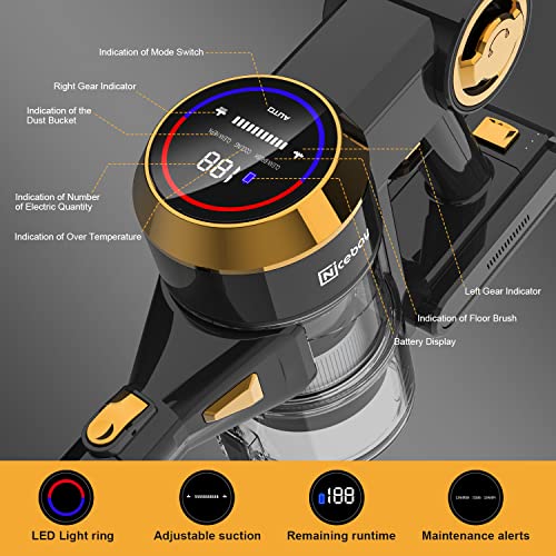 Cordless Vacuum Cleaner, Nicebay 25Kpa Brushless Motor Stick Vacuum Cleaner,Digital Touchscreen&Smart Induction Auto-Adjustment, 4 in 1 Lightweight Handheld Vacuum for Hardwood Floor Carpet Hair