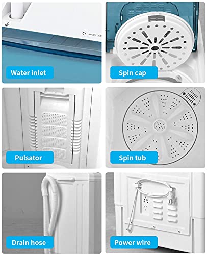 Twin Tub Portable Mini Washing Machine 26lbs Capacity, Compact Washer(18lbs)&Spiner(8lbs)/Built-in Drain Pump/Semi-Automatic (White&Blue)