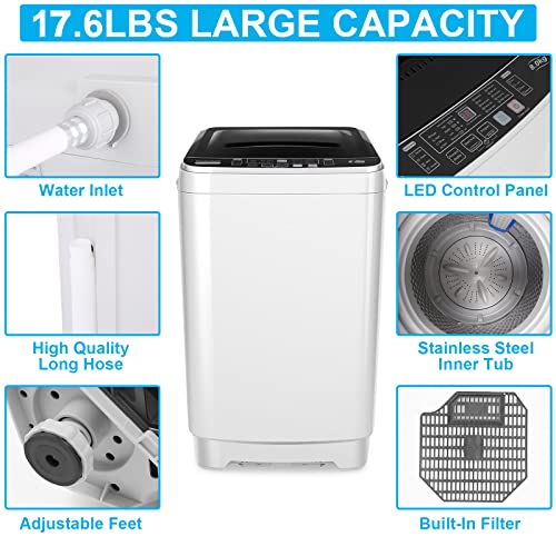 Portable Washer Nictemaw 17.8Lbs Capacity Full-Automatic Washer Machine 1.9 Cu.ft 2 in 1 Compact Laundry Washer with Drain Pump/10 Programs 8 Water Level Selections/LED Display/Faucet Adapter for Home, Apartments