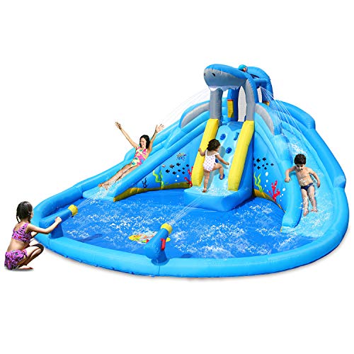 ACTION AIR Inflatable Water Slide, Double Waterslides Shark Theme Waterpark, Bounce House for Wet and Dry, 2 Water Sprays with Huge Water Pool, Durable Sewn and Extra Thick