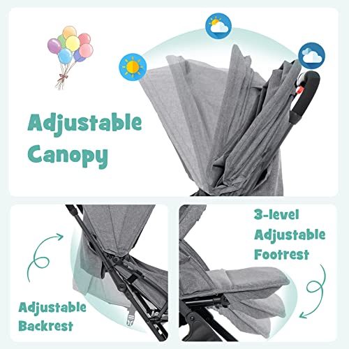 BABY JOY Lightweight Baby Stroller, Compact Travel Stroller for Airplane, Easy One-Hand Fold, High Landscape Infant Toddler Stroller with Adjustable Canopy/Backrest/Footrest, Storage Basket (Gray)