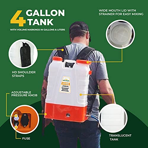 PetraTools 4 Gallon Battery Powered Backpack Sprayer – Extended Spray Time Long-Life Battery - New HD Wand Included, Wide Mouth Lid, Multiple Nozzles & Battery Included