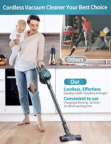 Cordless Stick Vacuum Cleaner, Voweek Lightweight Handheld Vac Powerful Suction for Hard Floor Carpet Pet Hair Car, Long Runtime Detachable Battery with LED Indicator, Self-Standing, 1.3L Dust Cup