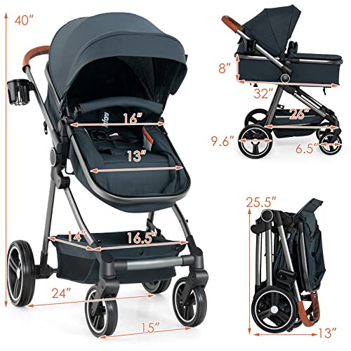 INFANS 2 in 1 High Landscape Convertible Baby Stroller, Newborn Reversible Bassinet Pram, Foldable Pushchair with Adjustable Canopy, Aluminum Structure,5-Point Harness for Infant & Toddler (Black)