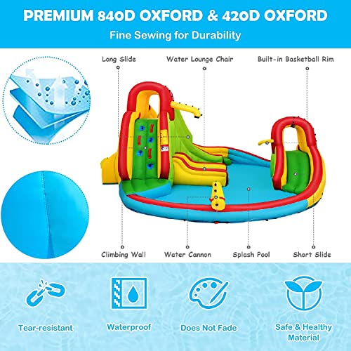 Costzon 7 in 1 Inflatable Water Slide, Backyard Giant Water Park with Double Water Slide, Splash Pool, Climbing Wall, Water Cannon, Outdoor Water Slide for Kids and Adults (Without Blower)
