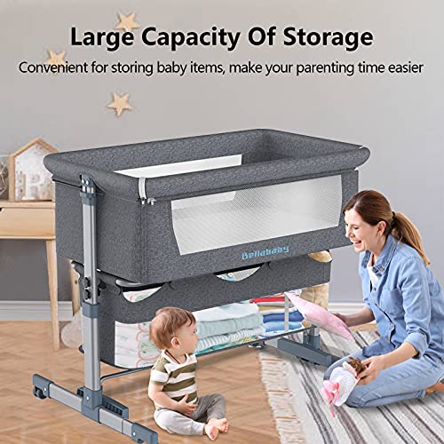 Baby Bassinet, Bellababy Bedside Sleeper, Bedside Crib with Storage Basket, Easy Folding Portable Crib, Adjustable Portable Bed for Infant/Newborn (Dark Grey)