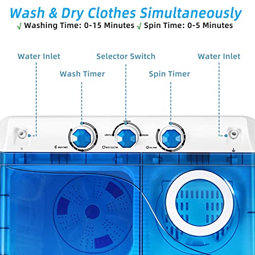 Giantex Portable Washing Machine, 2 in 1 Washer and Spinner Combo, 26lbs Capacity 18 lbs Washing 8 lbs Spinning, w/Timer Control, Built-in Drain Pump, Dorm Apartment Semi-Automatic Laundry Twin Tub Mini Washer (Blue & White)