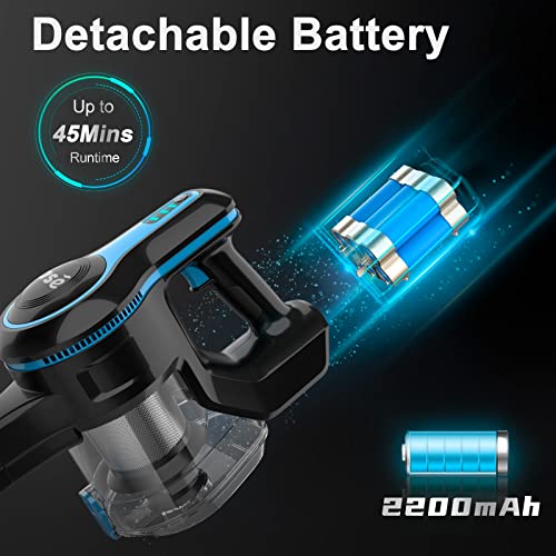 INSE Cordless Vacuum Cleaner, 6-in-1 Rechargeable Stick Vacuum with 2200 m-A-h Battery, Powerful Lightweight Vacuum Cleaner, Up to 45 Mins Runtime, for Home Hard Floor Carpet Pet Hair-N5S Blue