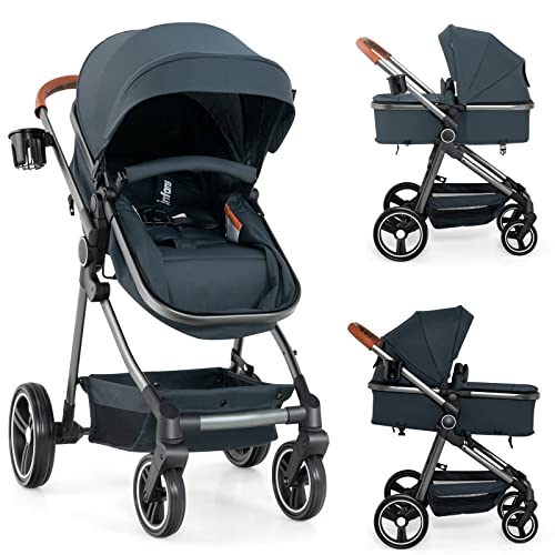 INFANS 2 in 1 High Landscape Convertible Baby Stroller, Newborn Reversible Bassinet Pram, Foldable Pushchair with Adjustable Canopy, Aluminum Structure,5-Point Harness for Infant & Toddler (Black)