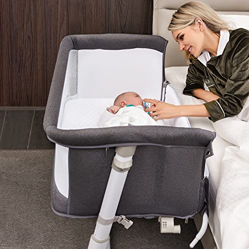 Baby Bassinet,RONBEI Bedside Sleeper,Baby Bed to Bed,Babies Crib Bed, Adjustable Portable Bed for Infant/Baby Boy/Baby Girl/Newborn (Dark Grey)