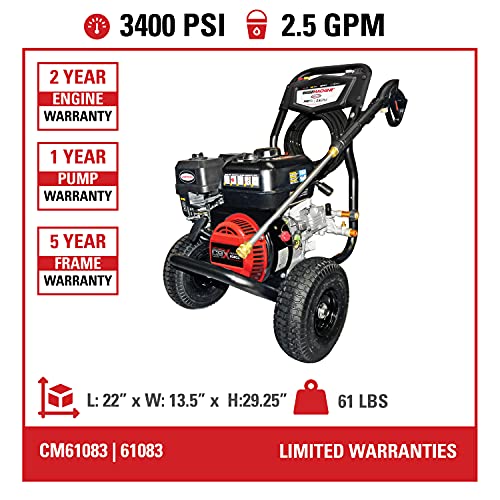 SIMPSON Cleaning CM61083 Clean Machine 3400 PSI Gas Pressure Washer, 2.5 GPM, CRX Engine, Includes Spray Gun and Wand, 4 QC Nozzle Tips, 5/16-in. x 25-ft. MorFlex Hose