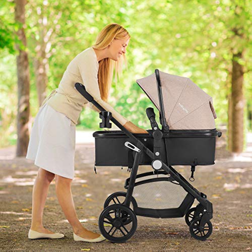 HONEY JOY Baby Stroller, High Landscape Convertible Infant Bassinet Stroller, Adjustable Canopy & Backrest, Storage Basket, Cup Holder, Foldable Newborn Carriage Pram Stroller (Coffee)