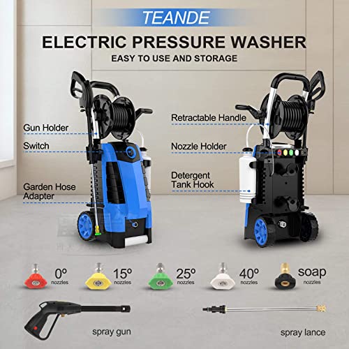 Power Washer, TE3000 1.9GPM Pressure Washer 1800W Electric High Pressure Washer Professional Car Washer Cleaner Machine with Hose Reel ,5 Nozzles for Patio Garden Yard Vehicle