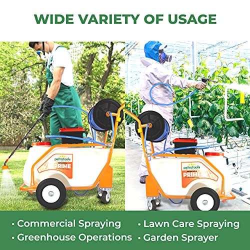 PetraTools Battery Powered 13 Gallon Pushcart Sprayer (Prime), Heavy Duty Commercial Sprayer with Custom Built Cart, Off-Road Wheels & Solid Steel Easy-Turn Hose Reel for 130 Foot Hose, 80PSI