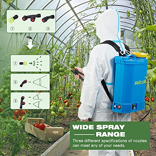MELLCOM 4 Gallon Battery Powered Backpack Sprayer with 3 Different Nozzles, Hoses Included, Wide Mouth Lid, Professional for Lawns, Gardens, Office, Hotel, School