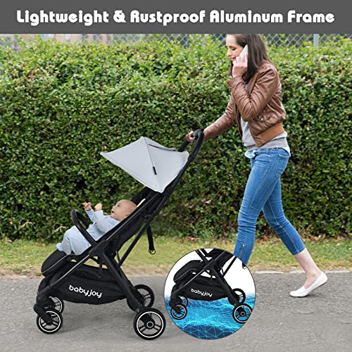 BABY JOY Lightweight Baby Stroller, Compact Travel Stroller for Airplane, Toddler Pushchair Infant Stroller w/Adjustable Backrest & Canopy, Storage Basket, Easy One-Hand Fold, Aluminium Frame (Gray)
