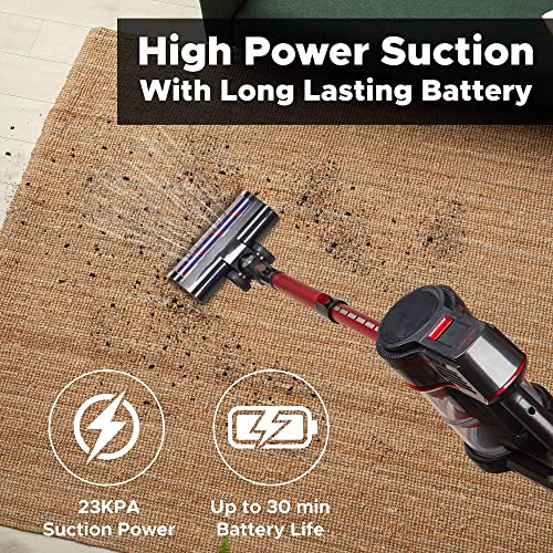 Britech Cordless Lightweight Stick Vacuum Cleaner, 250W Motor for Powerful Suction 30min Runtime, LED Display Screen & Headlights, Great for Carpet Cleaner, Hardwood Floor & Pet Hair (Red)