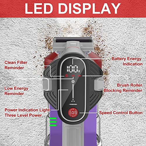 Cordless Vacuum Cleaner with LED Dsiplay, Up to 50min Runtime, 265W 25Kpa Suction Stick Vacuum, 2400mAh Rechargeable Battery Vacuum, 6 in 1 Lightweight Vacuum for Pet Hair Carpet Hard Floor