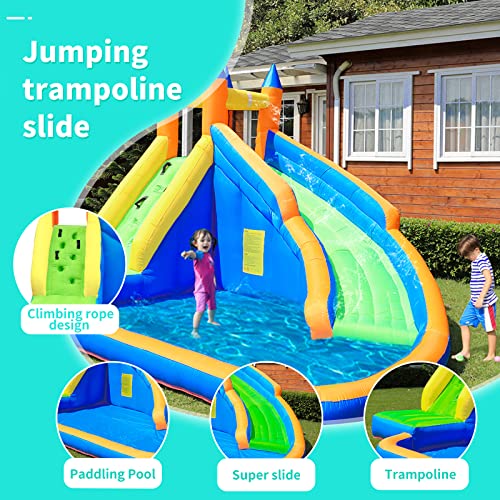 Doctor Dolphin Inflatable Water Slide ,Long Slides for Kids Backyard with Climbing Wall,Kids Bounce House with Slide,Inflatable Water Park with Plash Pool for Outdoor