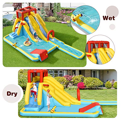BOUNTECH Inflatable Water Slide, 7 in 1 Double Long Slide Giant Water Park with Climbing Wall, Swimming Pool, Basketball Rim, Water Gun, Water Slides Inflatables for Kids and Adults Outdoor Backyard