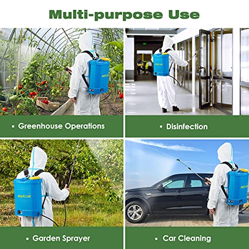 MELLCOM 4 Gallon Battery Powered Backpack Sprayer with 3 Different Nozzles, Hoses Included, Wide Mouth Lid, Professional for Lawns, Gardens, Office, Hotel, School