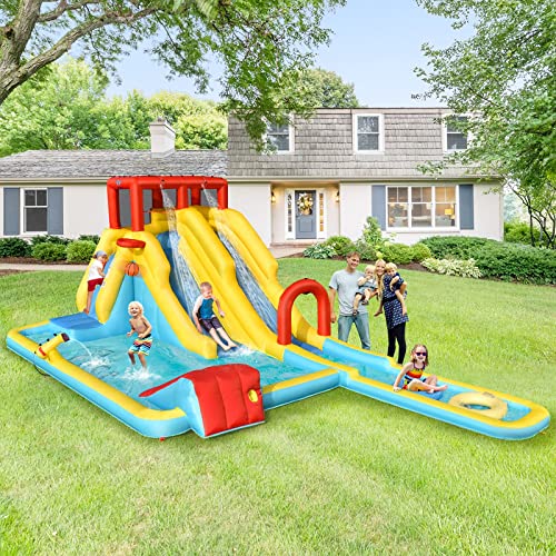BOUNTECH Inflatable Water Slide, 7 in 1 Double Long Slide Giant Water Park with Climbing Wall, Swimming Pool, Basketball Rim, Water Gun, Water Slides Inflatables for Kids and Adults Outdoor Backyard