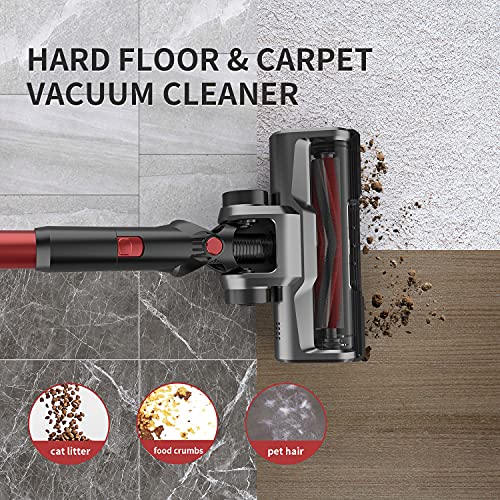 Vacuum Cleaner Cordless Stick Vacuum Cleaner with 280W Motor 25Kpa Suction，5 in 1 Floor Vacuum Cleaner 45 Mins Runtime, for Pet Hair/Snack Crumbs/Sofa Gap/Carpet/Hardwood Floor (Red-25Kpa)