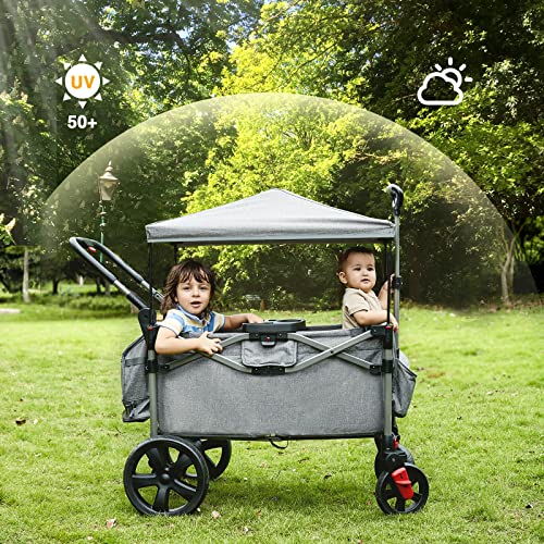 EVER ADVANCED Foldable Wagons for Two Kids & Cargo, Collapsible Folding Stroller with Adjustable Handle Bar,Removable Canopy with 5-Point Harness