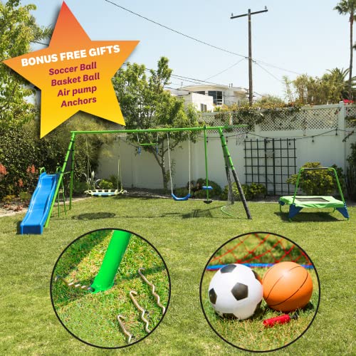 FITNESS REALITY KIDS 8 Station Sports Series Green Metal Swing Set with Basketball and Soccer (8477)