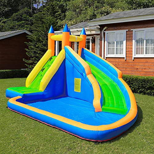 Doctor Dolphin Inflatable Water Slide ,Long Slides for Kids Backyard with Climbing Wall,Kids Bounce House with Slide,Inflatable Water Park with Plash Pool for Outdoor