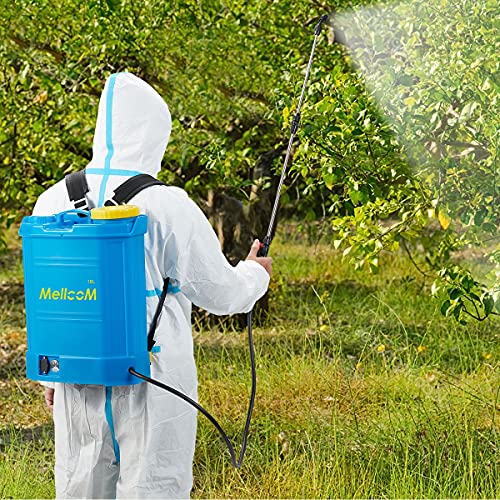 MELLCOM 4 Gallon Battery Powered Backpack Sprayer with 3 Different Nozzles, Hoses Included, Wide Mouth Lid, Professional for Lawns, Gardens, Office, Hotel, School