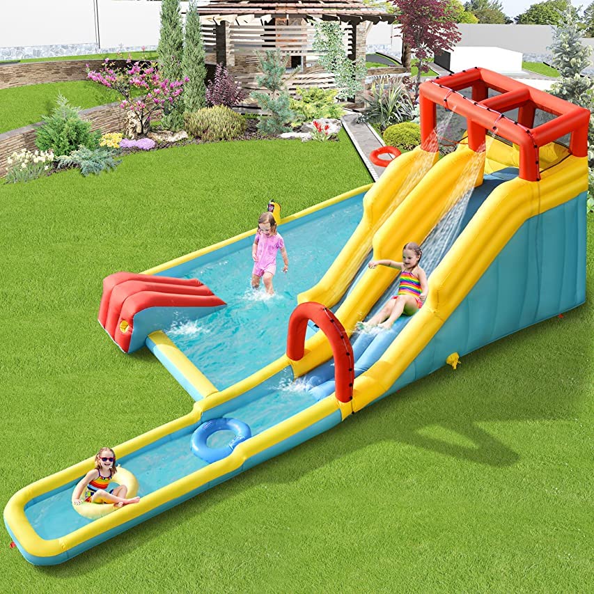 BOUNTECH Inflatable Water Slide, 7 in 1 Double Long Slide Giant Water Park with Climbing Wall, Swimming Pool, Basketball Rim, Water Gun, Water Slides Inflatables for Kids and Adults Outdoor Backyard
