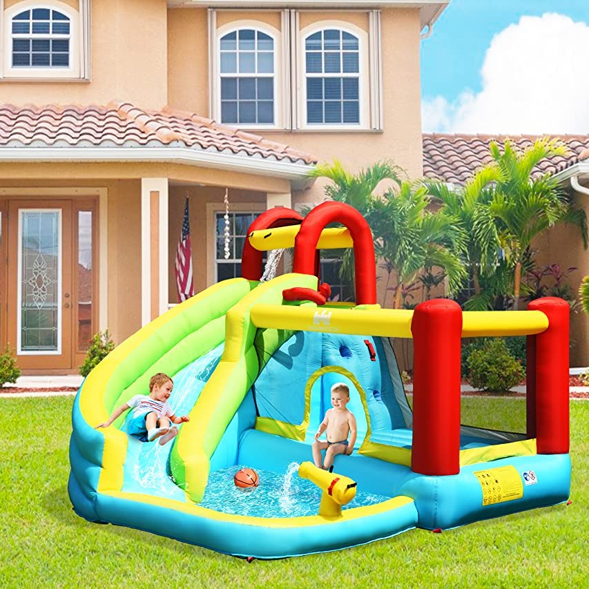 BOUNTECH Inflatable Water Slide Bounce House, 6 in 1 Kids Jumping Castle Water Park w/Splash Pool, Waterslides, Climbing Wall, Water Cannon, Blow up Kids Water Slides for Backyard (Without Blower)